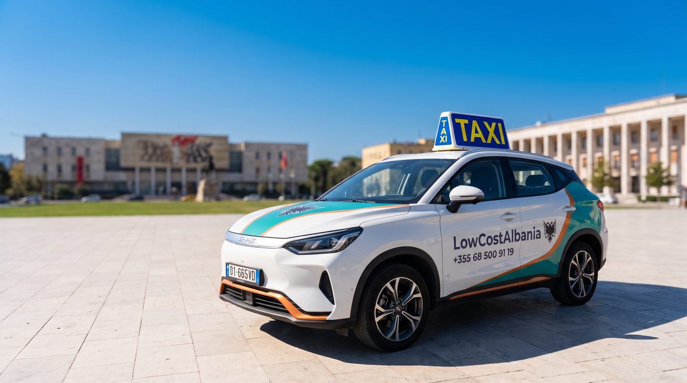 Low Cost Albania electric taxi in Skanderbeg Square, Tirana