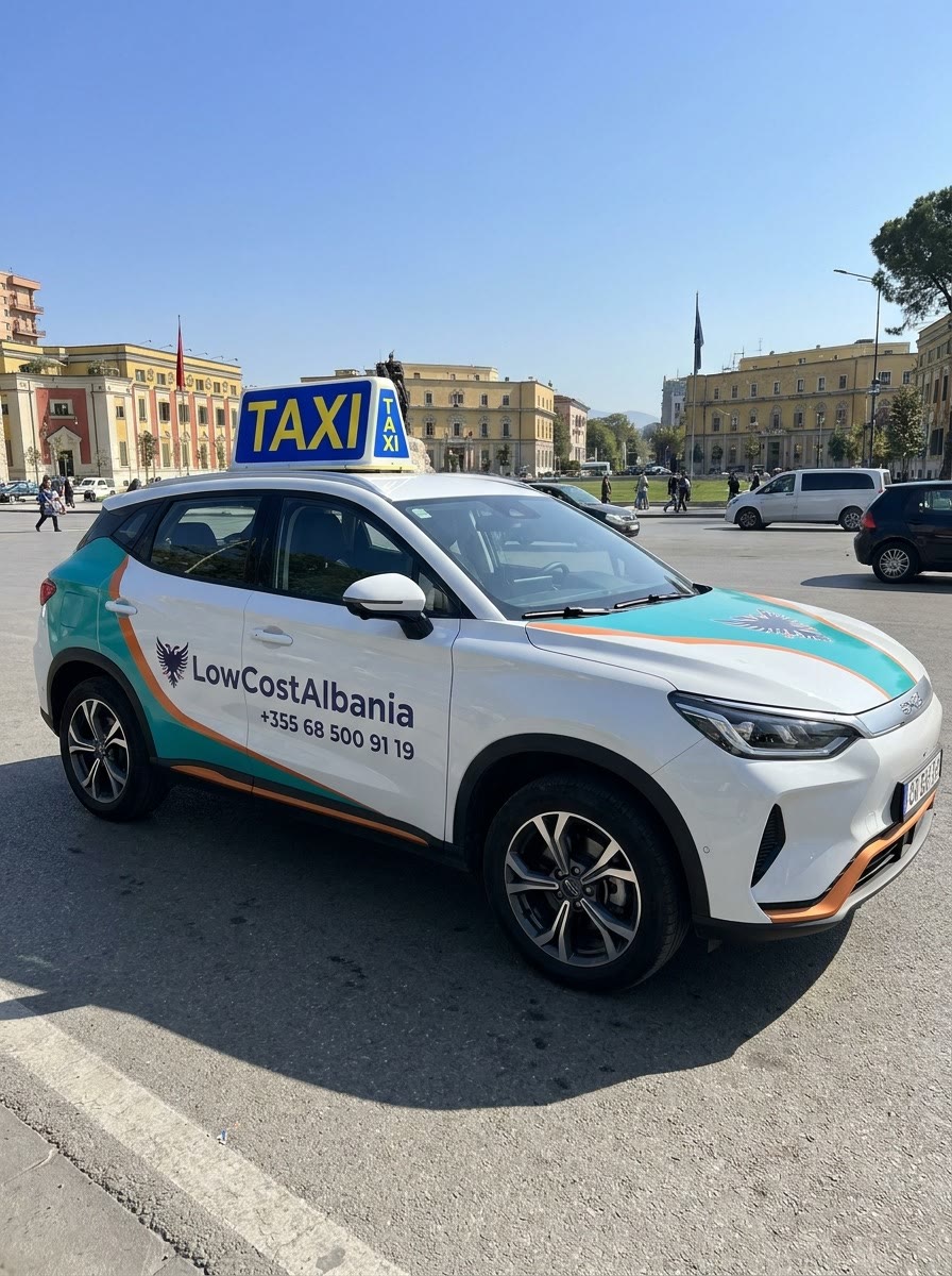 Low Cost Albania electric taxi at Skanderbeg Square, Tirana